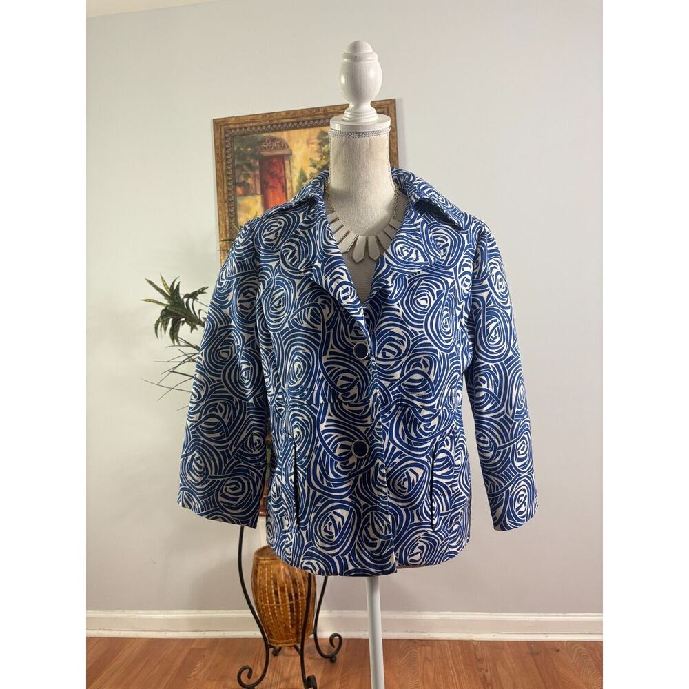 Rafaella Blazer Jacket Womens M Blue White Swirl Pattern 3/4 Sleeve Button Front